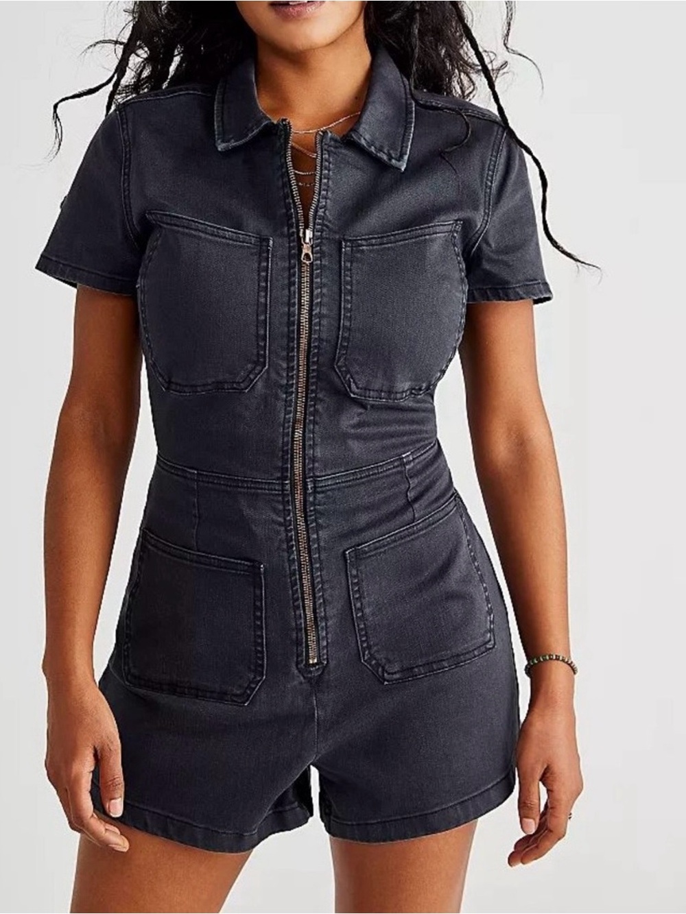 NWOT Free People Curvy Lennox Romper Zip up. Carbon. Size O.